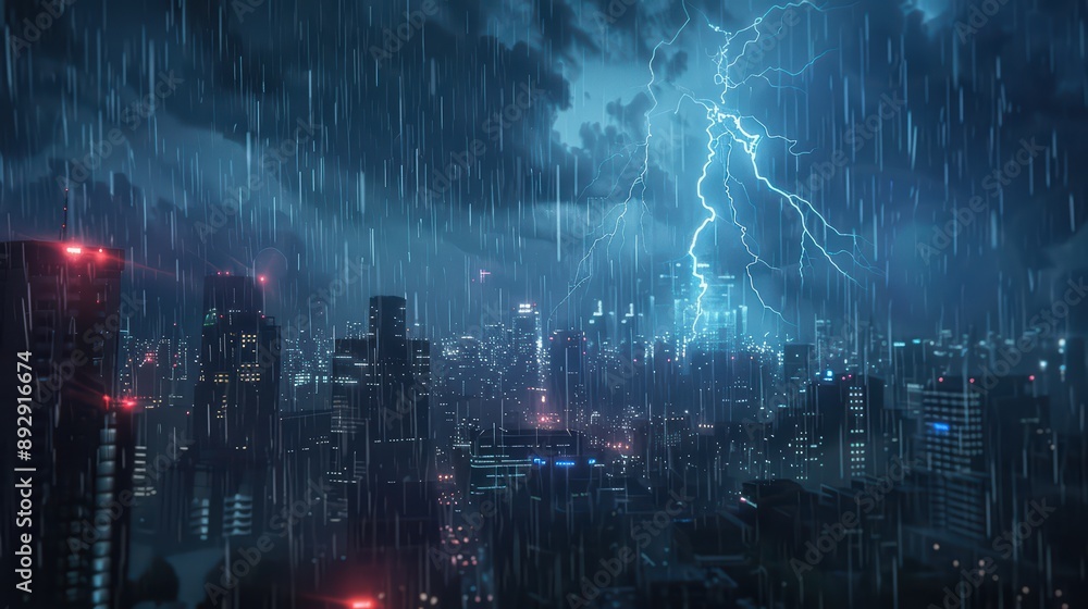 Fototapeta premium A dramatic shot of lightning illuminating a rain-soaked city