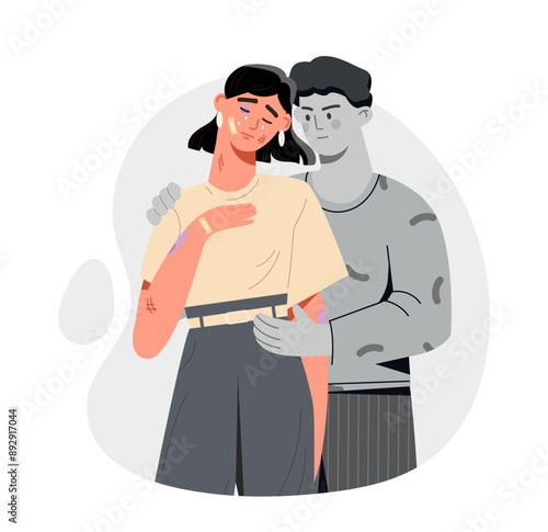 Violence against women. Sad young girl with bruises. Stop gender and sex discrimination. Person suffer from her boyfriend. Feminism and unity. Cartoon vector illustration isolated on white background