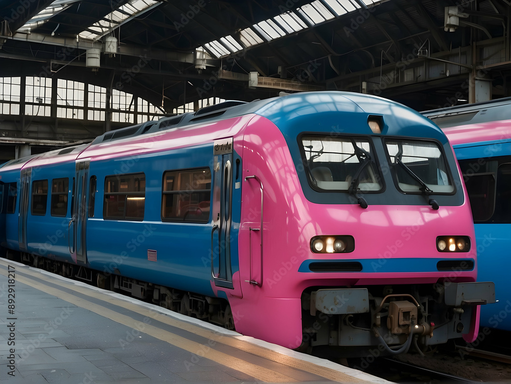 Fototapeta premium Modern pink train at the station platform