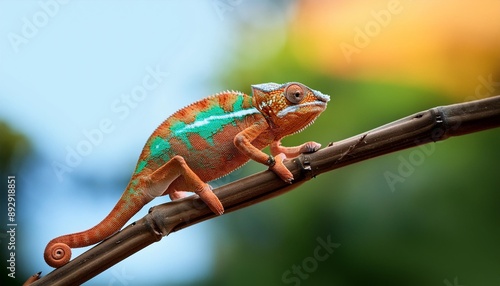 cute funny chameleon chamaeleo calyptratus on a branch photo