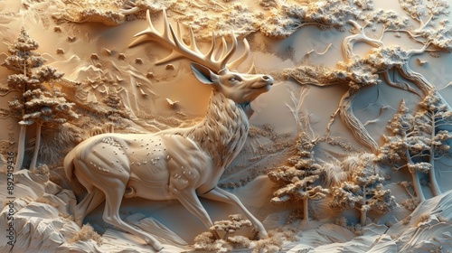 Beautifully designed 3d relief wallpaper of a graceful deer. Mural wall art.