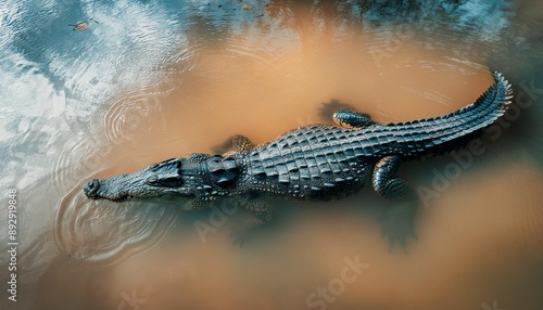 top down view of a big crocodile in shallow water