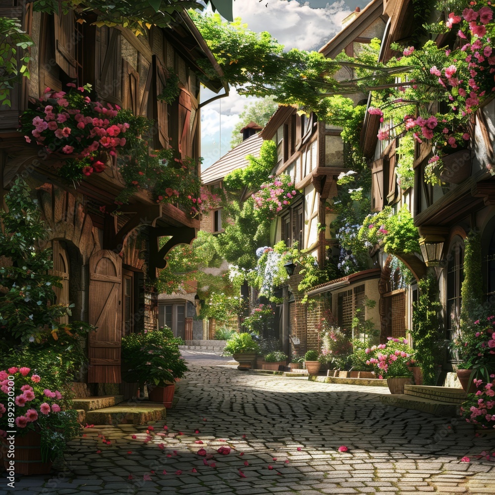 Obraz premium A high-quality stock image of a charming street in a European village. The image captures the picturesque architecture and cobblestone path. AI generation.
