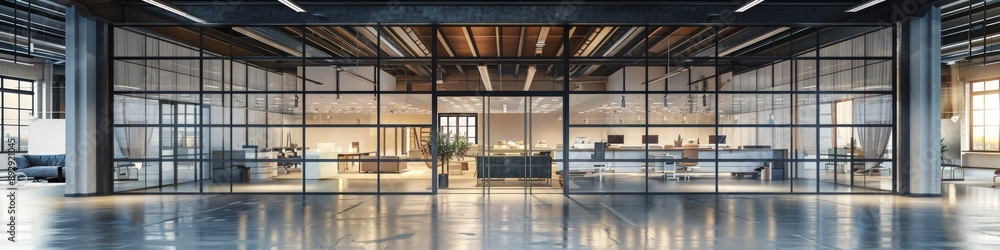 Industrial office with minimalist architecture and large glass features. Industrial office with minimalist architecture and large glass features.