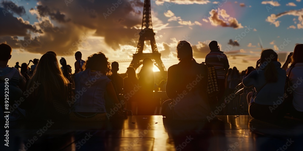 Fototapeta premium Paris sunset with crowd viewing Eiffel Tower during Olympic Games 2024