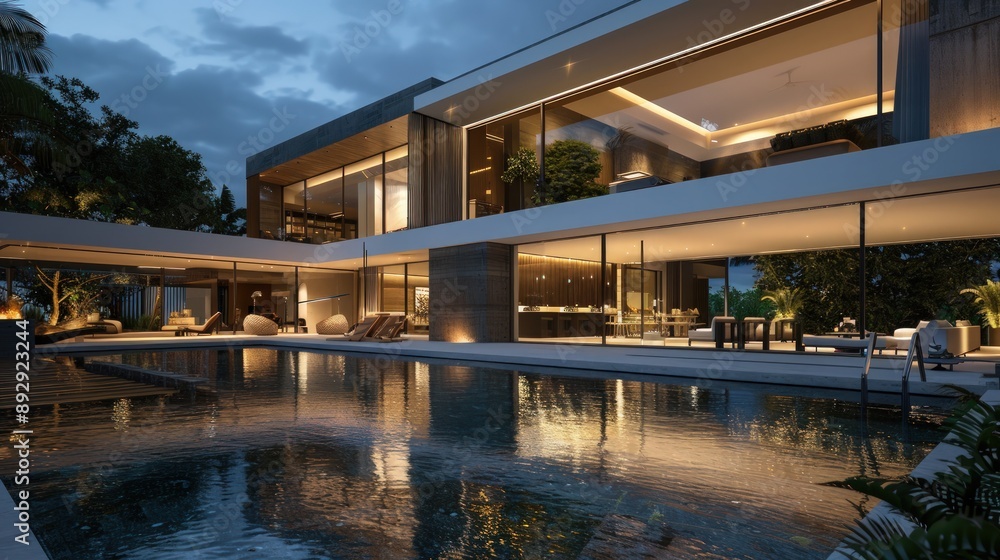 Luxurious modern villa with a shimmering pool, surrounded by sophisticated evening lighting. Stunning, crisp, vivid, detailed, high appealing 4k, 8k, 16k, realistic Luxurious modern villa with a shimmering pool, surrounded by sophisticated evening lighting. Stunning, crisp, vivid, detailed, high appealing 4k, 8k, 16k, realistic