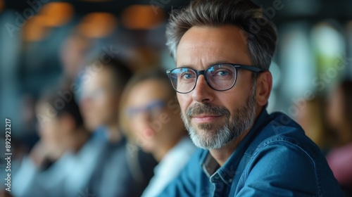 Skilled 30s caucasian leader in eyeglasses coaching interested business people, giving educational workshop presentation in office. Concentrated employees listening to professional coach at workshop.