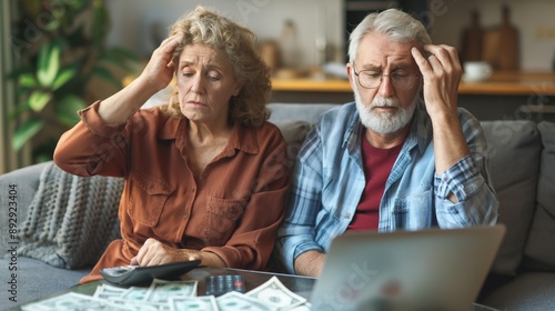 Worried senior retired husband and wife stressed about financial crisis thinking on problems, money troubles, overspending, sitting on home couch at laptop, calculator, paper bills, holding head