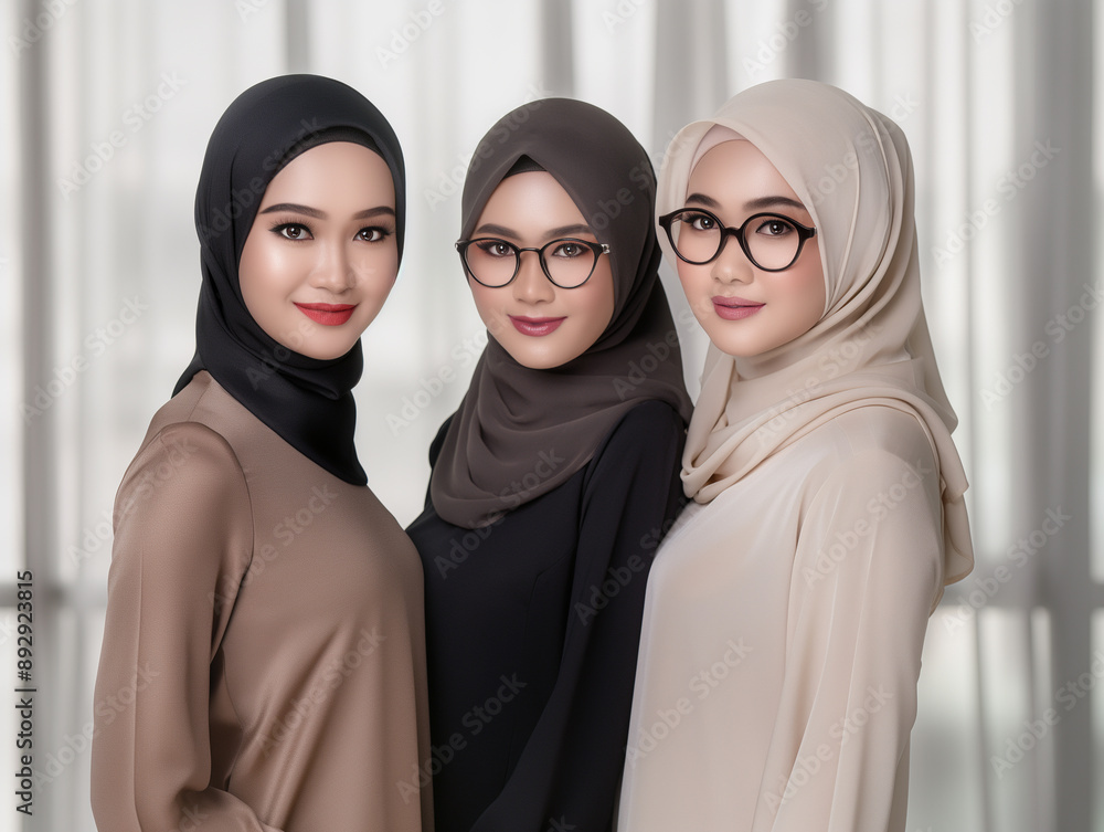 Portrait of three smiling women in hijab, modern fashion, high-quality image, cultural diversity, elegant attire, confident poses, traditional wear, inclusive beauty, stylish headscarves. Portrait of three smiling women in hijab, modern fashion, high-quality image, cultural diversity, elegant attire, confident poses, traditional wear, inclusive beauty, stylish headscarves.