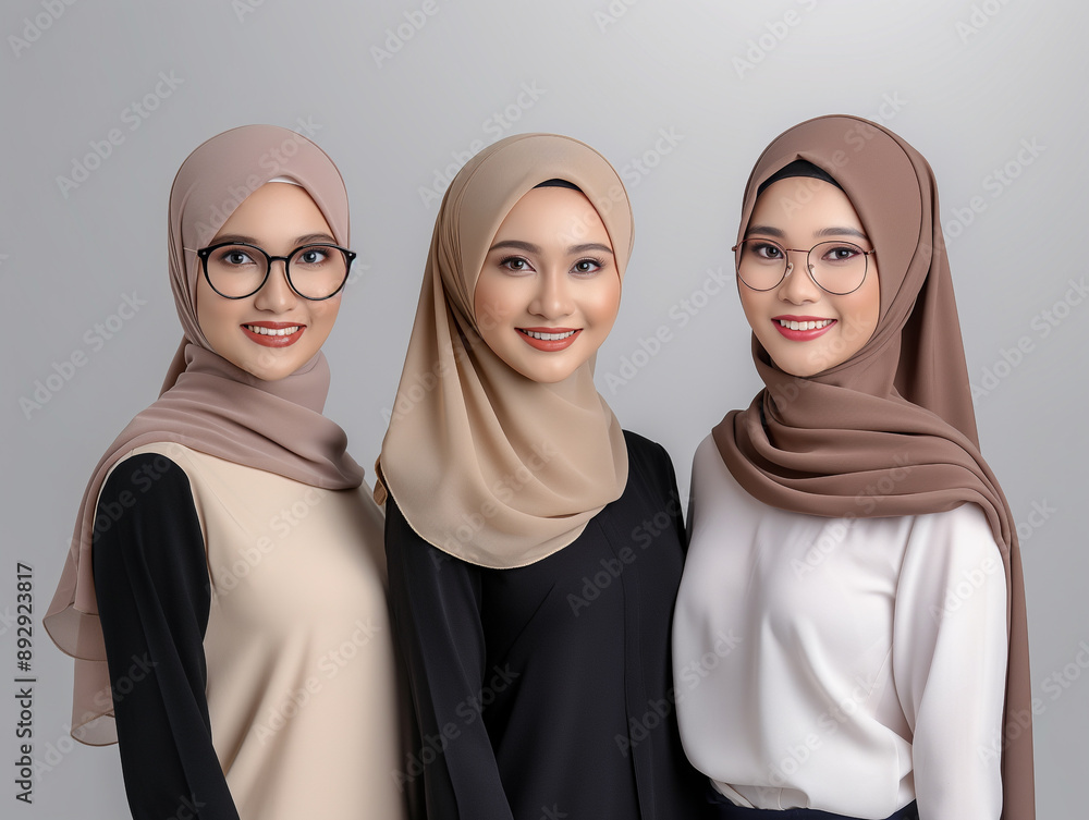 Portrait of three smiling women in hijab, modern fashion, high-quality image, cultural diversity, elegant attire, confident poses, traditional wear, inclusive beauty, stylish headscarves. Portrait of three smiling women in hijab, modern fashion, high-quality image, cultural diversity, elegant attire, confident poses, traditional wear, inclusive beauty, stylish headscarves.