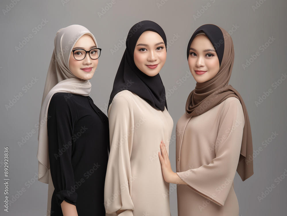 Portrait of three smiling women in hijab, modern fashion, high-quality image, cultural diversity, elegant attire, confident poses, traditional wear, inclusive beauty, stylish headscarves. Portrait of three smiling women in hijab, modern fashion, high-quality image, cultural diversity, elegant attire, confident poses, traditional wear, inclusive beauty, stylish headscarves.