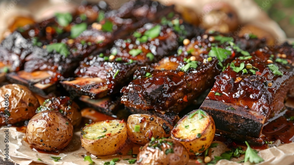 Delicious BBQ Ribs with Roasted Potatoes. Juicy, grilled ribs served with crispy roasted potatoes on the side. An inviting image perfect for food blogs, menus, and culinary magazines. AI Delicious BBQ Ribs with Roasted Potatoes. Juicy, grilled ribs served with crispy roasted potatoes on the side. An inviting image perfect for food blogs, menus, and culinary magazines. AI