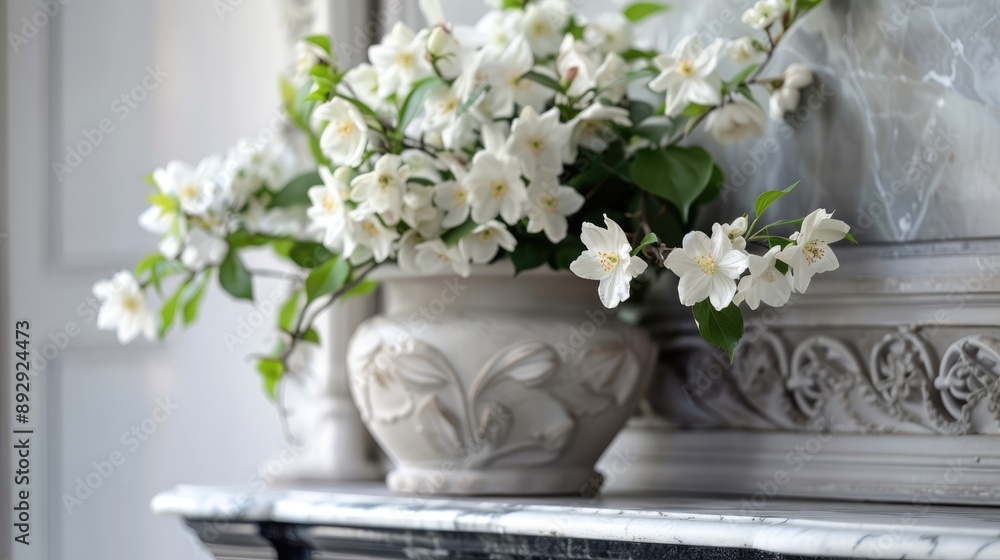 Elegant blooms in decorative pot on mantel Elegant blooms in decorative pot on mantel