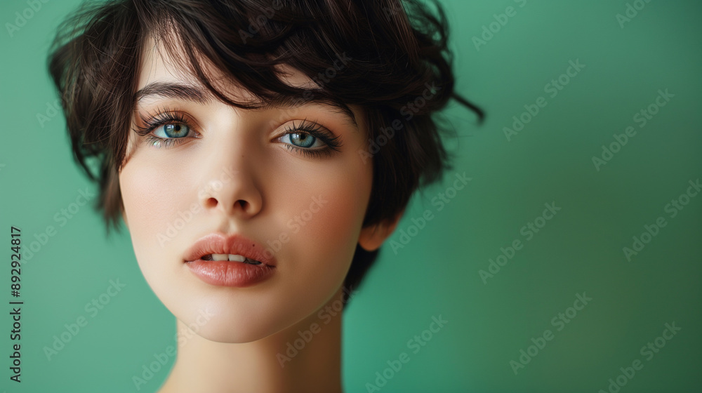 Young woman with short hair against green background, natural beauty, fresh look, high-quality image, contemporary fashion, confident pose, vibrant color, stylish and modern, close-up portrait Young woman with short hair against green background, natural beauty, fresh look, high-quality image, contemporary fashion, confident pose, vibrant color, stylish and modern, close-up portrait