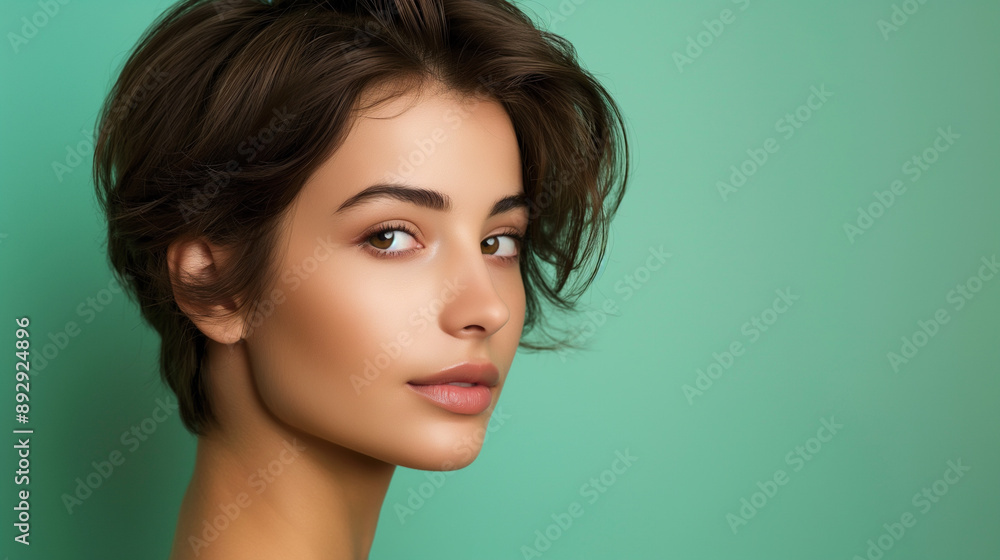 Young woman with short hair against green background, natural beauty, fresh look, high-quality image, contemporary fashion, confident pose, vibrant color, stylish and modern, close-up portrait Young woman with short hair against green background, natural beauty, fresh look, high-quality image, contemporary fashion, confident pose, vibrant color, stylish and modern, close-up portrait