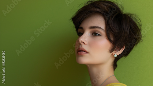 Young woman with short hair against green background, natural beauty, fresh look, high-quality image, contemporary fashion, confident pose, vibrant color, stylish and modern, close-up portrait