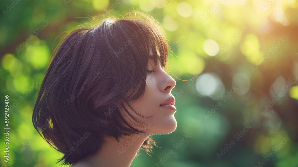 Profile of young woman with short hair in nature, green background, soft sunlight, serene and peaceful, high-quality portrait, natural beauty, dreamy atmosphere, summer vibes, outdoor photography Profile of young woman with short hair in nature, green background, soft sunlight, serene and peaceful, high-quality portrait, natural beauty, dreamy atmosphere, summer vibes, outdoor photography