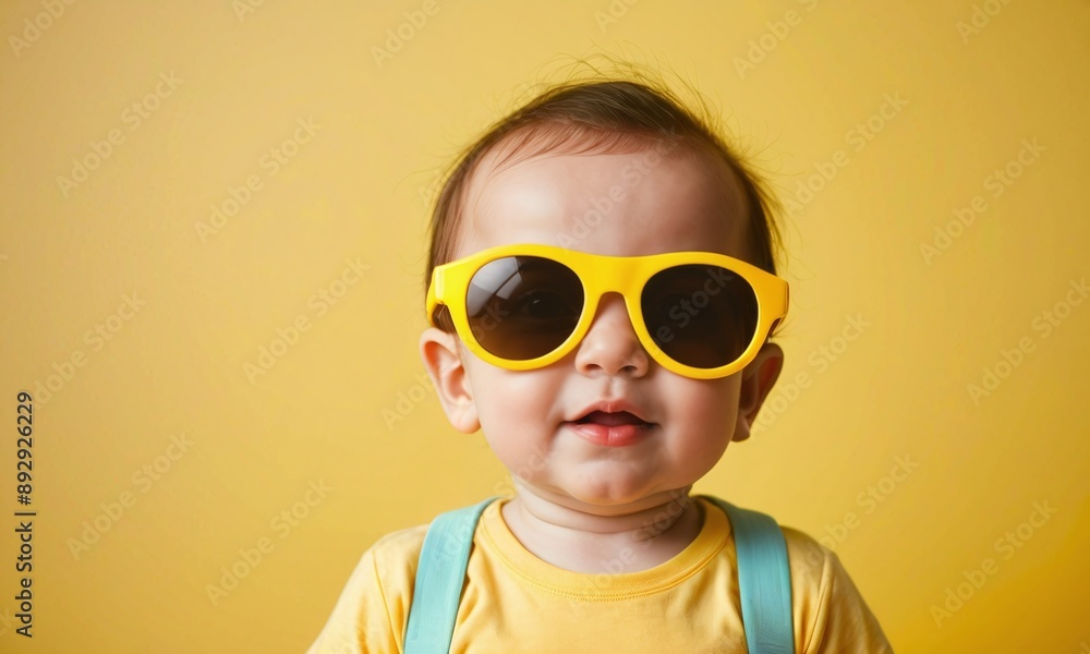 Funny baby wearing big sunglasses. Isolated on bright yellow background. Summer banner, copy space. Funny baby wearing big sunglasses. Isolated on bright yellow background. Summer banner, copy space.