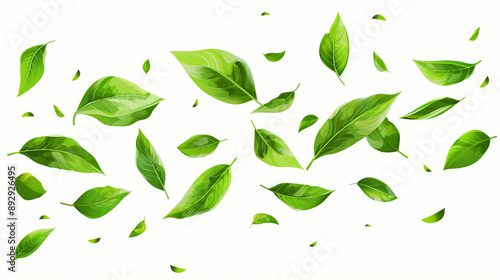 Green leaves flying on white background vector illustration