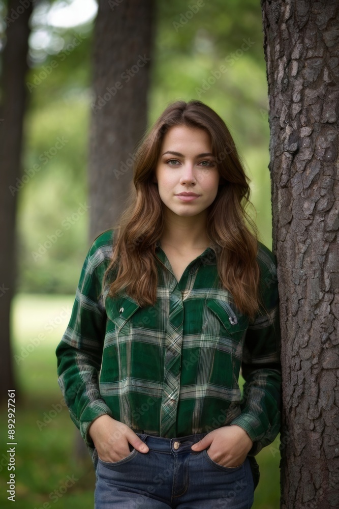 beautiful American young woman, brown hair, green eyes, green plaid shirt, green trees blurred background beautiful American young woman, brown hair, green eyes, green plaid shirt, green trees blurred background