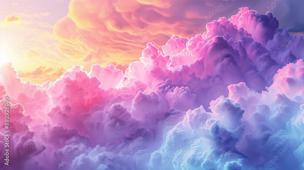 Fototapeta premium This image features pastel-colored clouds in shades of pink, purple, and blue, creating a soft and dream-like sky that evokes feelings of peace and calmness in a serene setting.