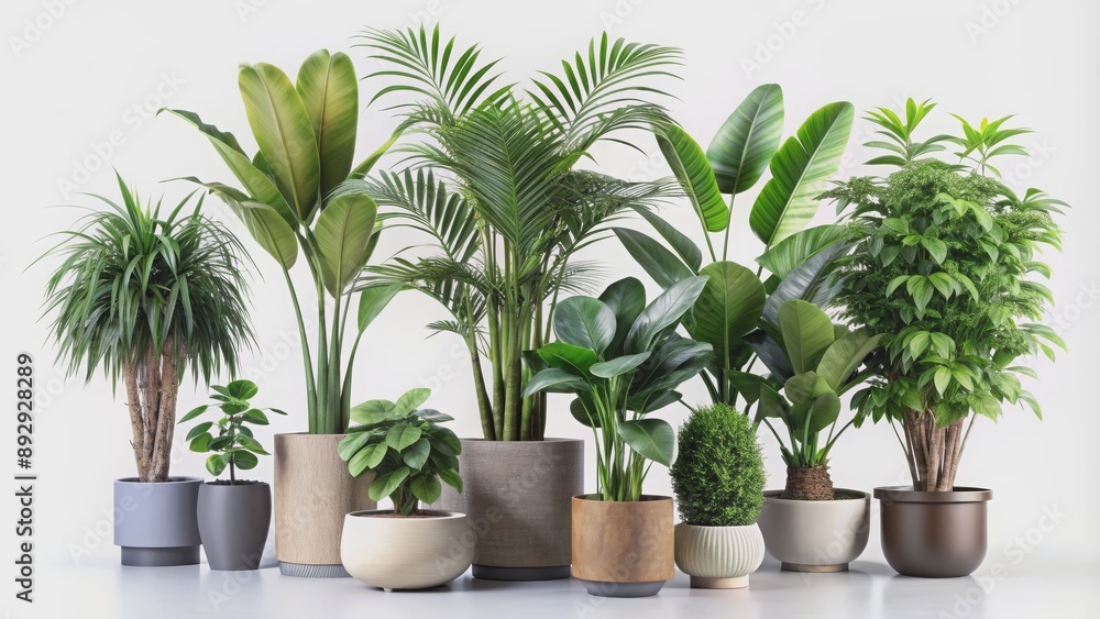 Fototapeta premium Tropical potted plants with lush foliage in various planters isolated on background , tropical, potted, plants, lush
