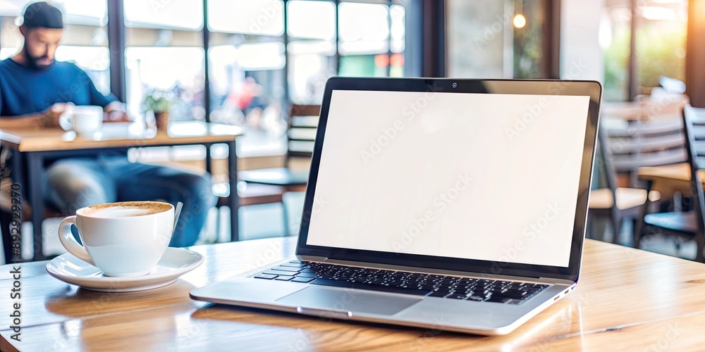 Fototapeta premium realistic mockup image of a laptop with a blank screen on a wooden table. Laptop Mockup with Empty Screen on Rustic Wooden Table for Website and App Showcases