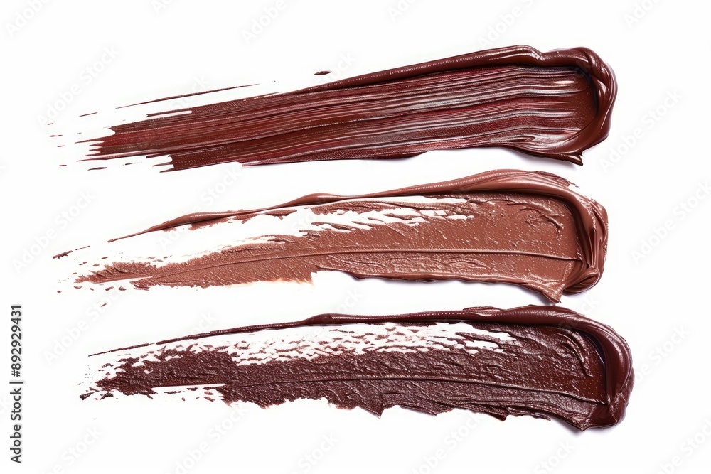 Three horizontal smears of creamy chocolate spread on a pure white background Three horizontal smears of creamy chocolate spread on a pure white background