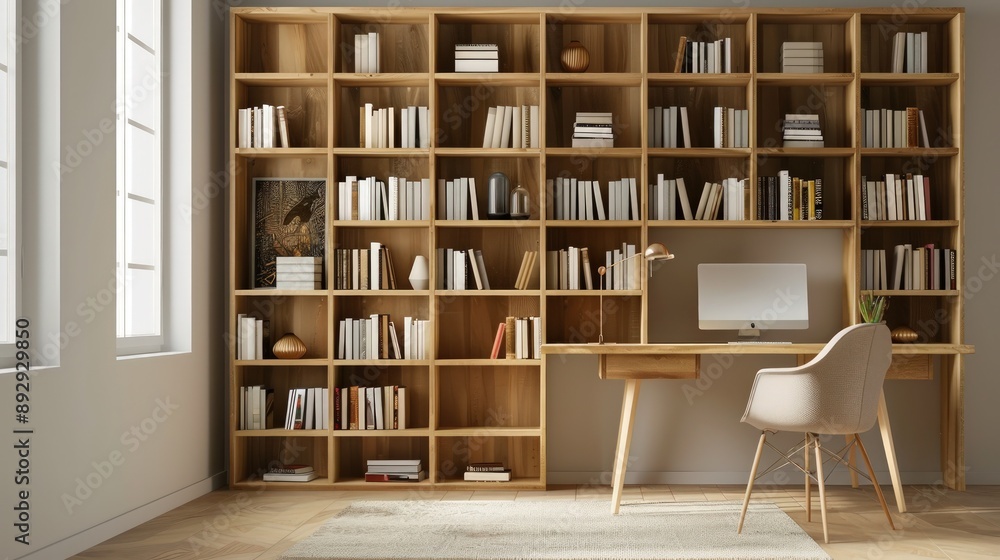 Minimalist Oak Wood Bookshelf with Integrated Desk in Home Office Environment Minimalist Oak Wood Bookshelf with Integrated Desk in Home Office Environment