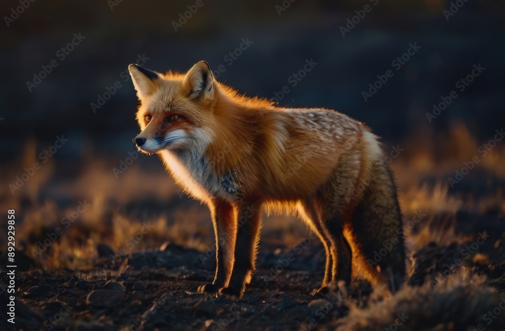 Obraz premium lone, rust-orange fox with mournful eyes, set against a warm, golden hour backdrop
