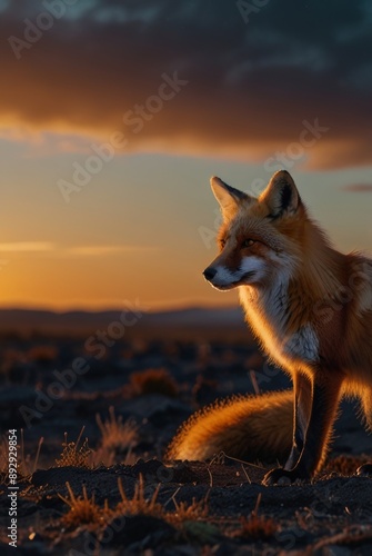 lone, rust-orange fox with mournful eyes, set against a warm, golden hour backdrop