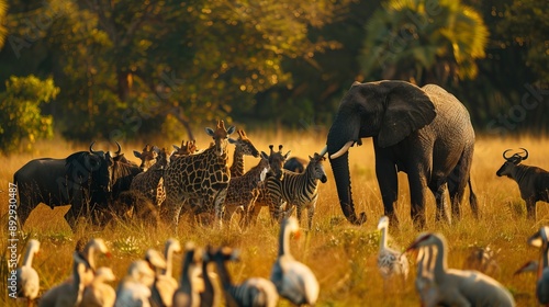 A majestic elephant stands amidst zebras, wildebeests, and giraffes in the sunlit savannah, highlighting the rich biodiversity and unity of African wildlife. photo