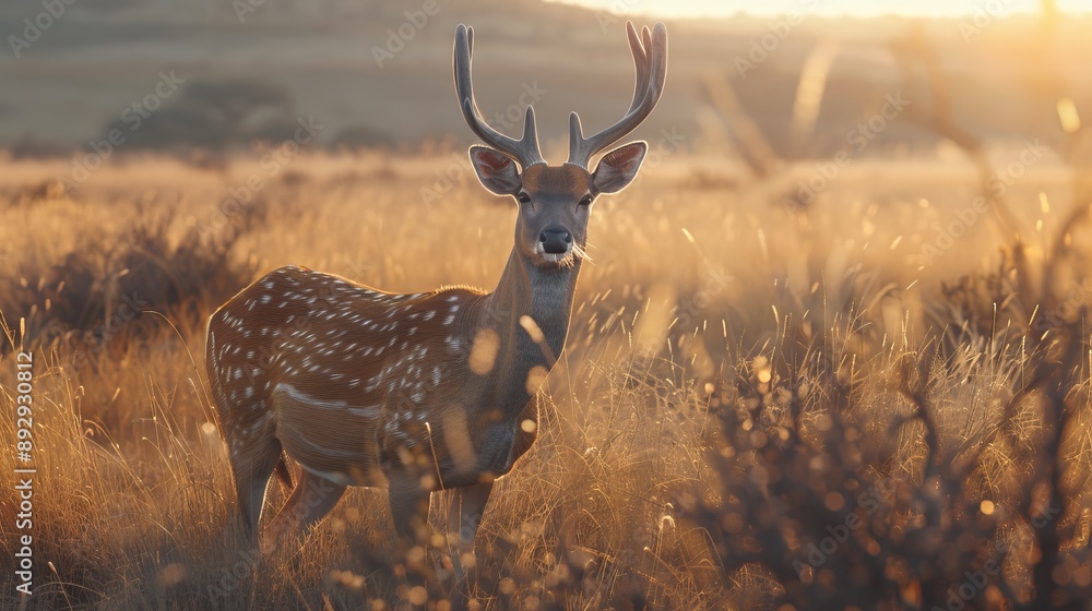 Obraz premium A graceful deer stands amidst a golden meadow during a breathtaking sunset, capturing the essence of tranquility and the beauty of nature's quiet moments.