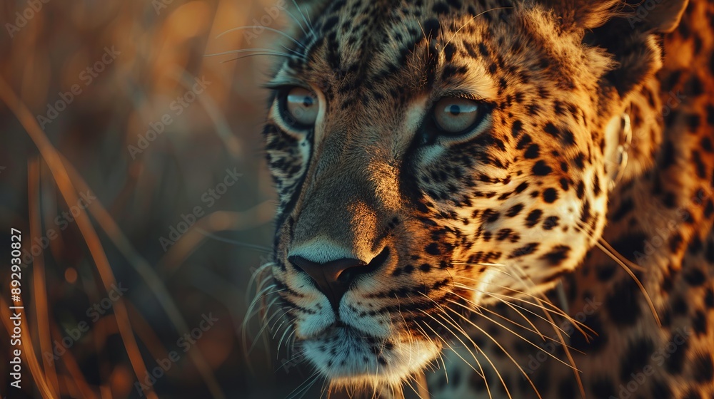 Obraz premium A close-up of a leopard's face shows an intense and focused gaze, emphasizing the detailed textures and deep, expressive eyes of this majestic wild cat.