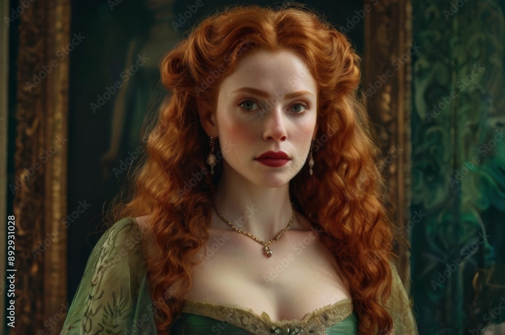 Fototapeta premium young redhead woman in historical Bridgerton style, green gown, long curly red hair