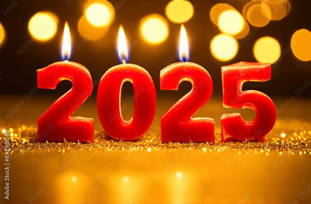 red burning candles 2025 floating over festive blurred bokeh golden background red burning candles 2025 floating over festive blurred bokeh golden background