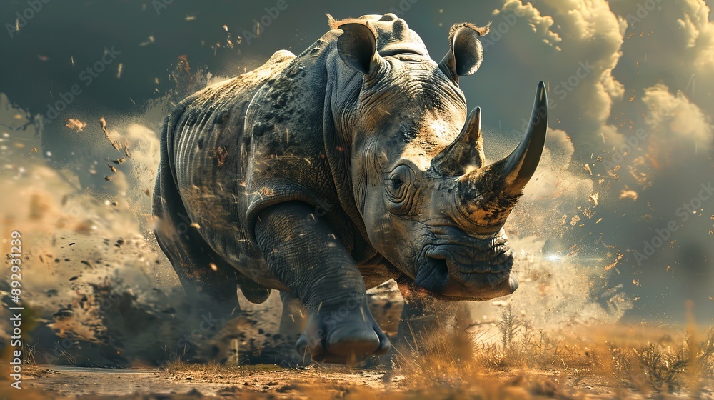 Fototapeta premium An aggressive rhinoceros charges through a cloud of dust and debris, portraying the raw power and ferocity of this majestic animal, in a dramatic and dynamic moment captured.