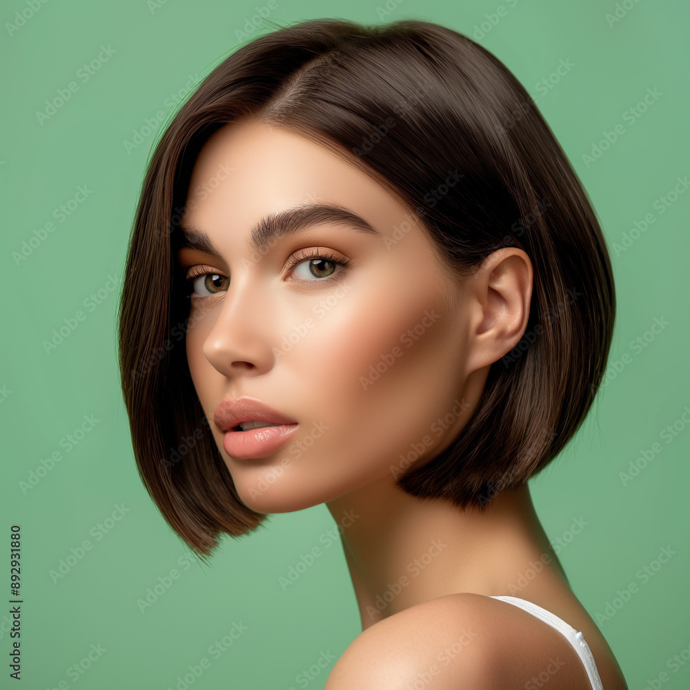Close-up portrait of woman with sleek bob haircut, green background, natural beauty, high-quality image, modern fashion, confident look, professional photography, minimalistic style, beauty shot Close-up portrait of woman with sleek bob haircut, green background, natural beauty, high-quality image, modern fashion, confident look, professional photography, minimalistic style, beauty shot