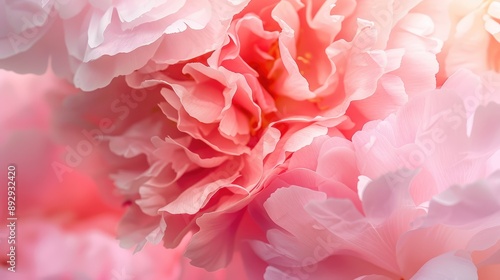 Blurred peony petals close-up, rose-colored macro nature. Bloom backdrop with pink and white flowers, pastel floral pattern wallpaper. © Lasvu