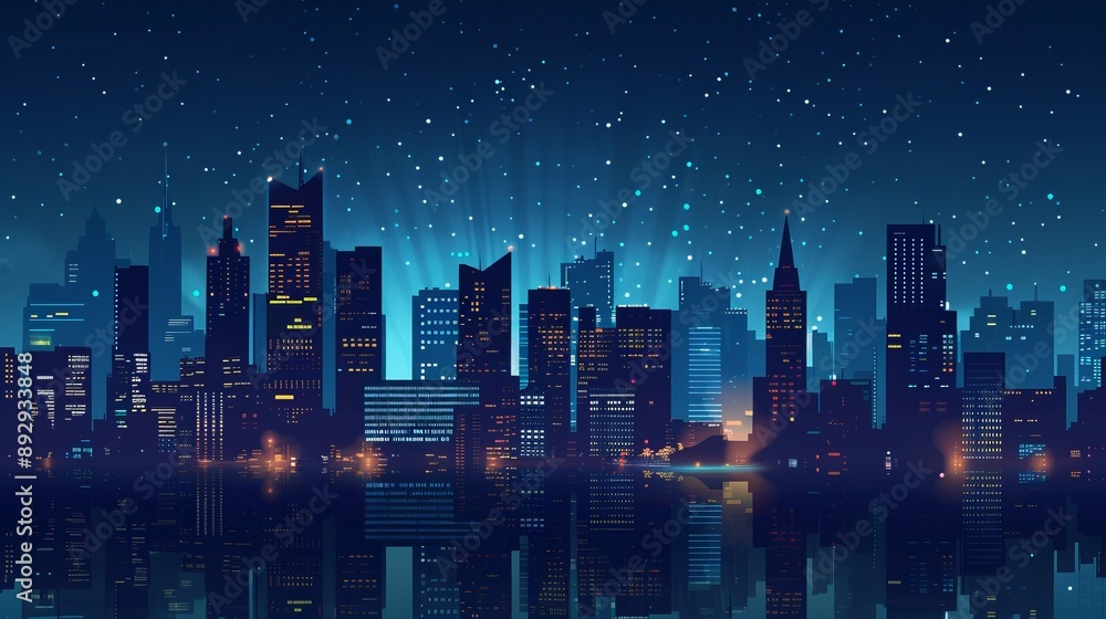 custom made wallpaper toronto digitalAn illustration of a modern skyline under a starry night sky, the city bathed in the glow of urban lights, creating a serene and captivating atmosphere, perfect for urban-themed projects.