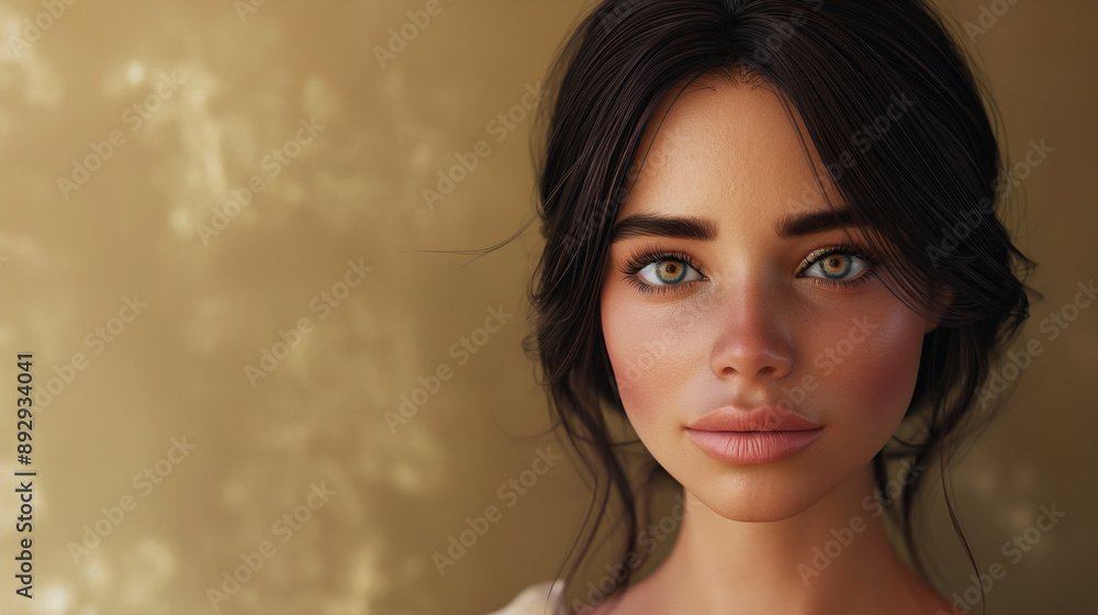 Close-up portrait of young woman with brown hair, natural beauty, golden background, intense gaze, high-quality image, studio photography, soft lighting, serene expression, detailed features Close-up portrait of young woman with brown hair, natural beauty, golden background, intense gaze, high-quality image, studio photography, soft lighting, serene expression, detailed features