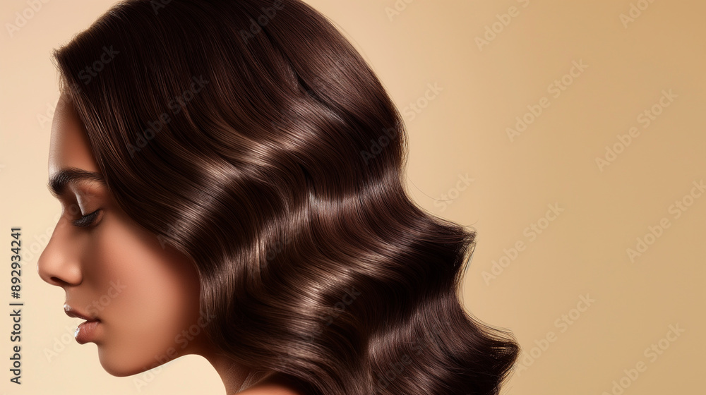 Profile of woman with shiny wavy brown hair, beige background, soft lighting, high-quality image, natural beauty, professional photography, elegant hairstyle, studio shot, serene expression Profile of woman with shiny wavy brown hair, beige background, soft lighting, high-quality image, natural beauty, professional photography, elegant hairstyle, studio shot, serene expression