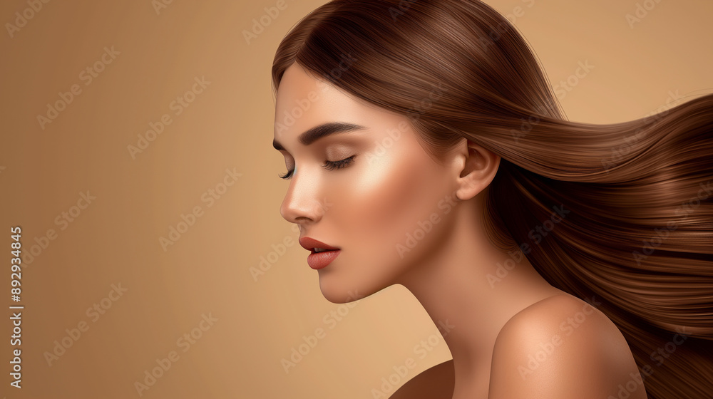 Close-up side profile of woman with long smooth hair, beige background, serene expression, natural beauty, professional photography, high-quality image, soft lighting, elegant look Close-up side profile of woman with long smooth hair, beige background, serene expression, natural beauty, professional photography, high-quality image, soft lighting, elegant look