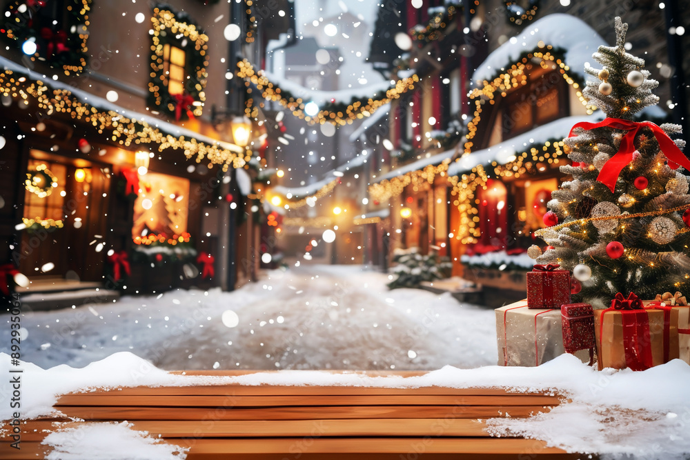 Fototapeta premium Christmas wooden table holiday background