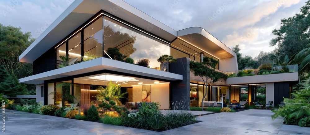 Modern villa with a stylish exterior, featuring sharp angles, large glass panels, and a rooftop garden. The villa is surrounded by a lush landscape and has an elegant driveway. Modern villa with a stylish exterior, featuring sharp angles, large glass panels, and a rooftop garden. The villa is surrounded by a lush landscape and has an elegant driveway.