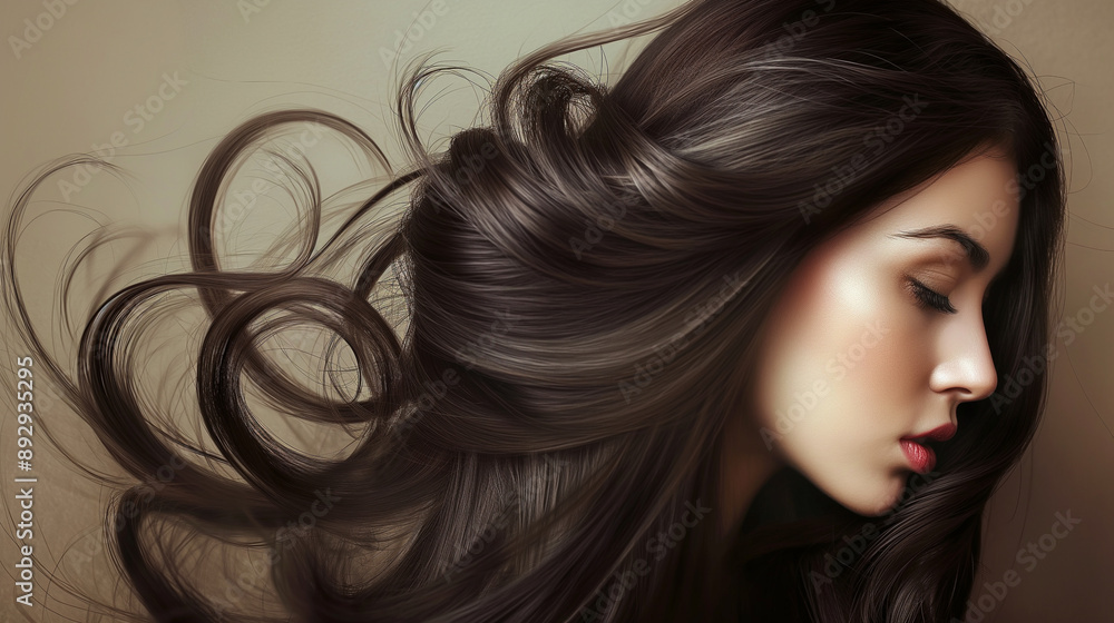 Side profile of woman with long flowing hair, beige background, serene expression, natural beauty, professional photography, high-quality image, soft lighting, elegant look, studio shot Side profile of woman with long flowing hair, beige background, serene expression, natural beauty, professional photography, high-quality image, soft lighting, elegant look, studio shot