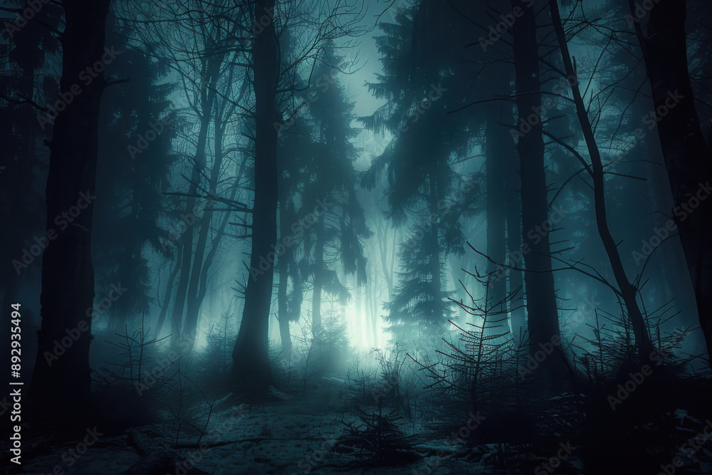 Fototapeta premium dark misty forest panorama fantasy halloween landscape 