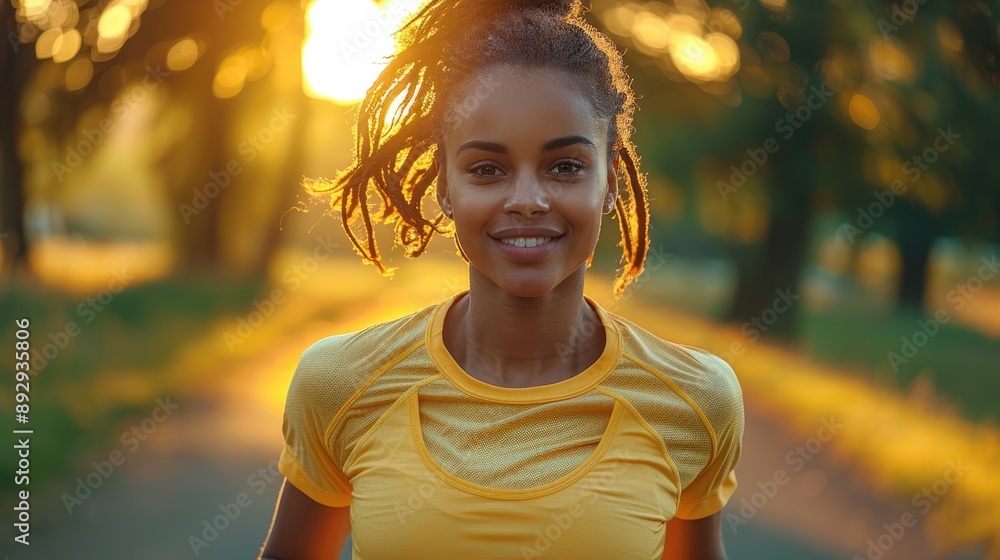 Closeup of a happy black female teenager jogging outdoors in nature. Young African American woman exercising and running outside to keep fit. Copy space Closeup of a happy black female teenager jogging outdoors in nature. Young African American woman exercising and running outside to keep fit. Copy space