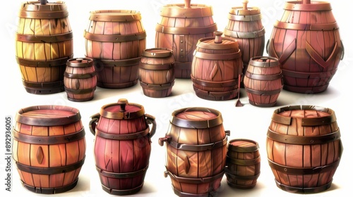 A collection of wooden barrels with varying sizes, shapes, and textures.