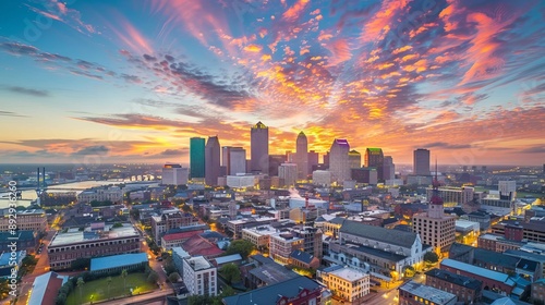 An awe-inspiring aerial photograph showcasing the cityscape with a vibrant sunrise, reflecting the urban architecture bathed in the warm and colorful hues of the early morning light. photo